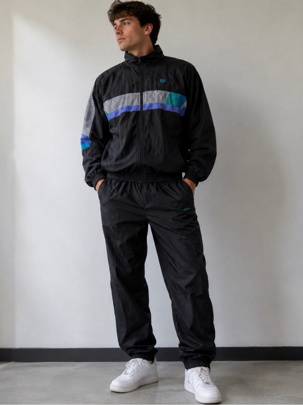 Prince vintage 1990 tennis Black Windbreaker jacket and pants track suit set L